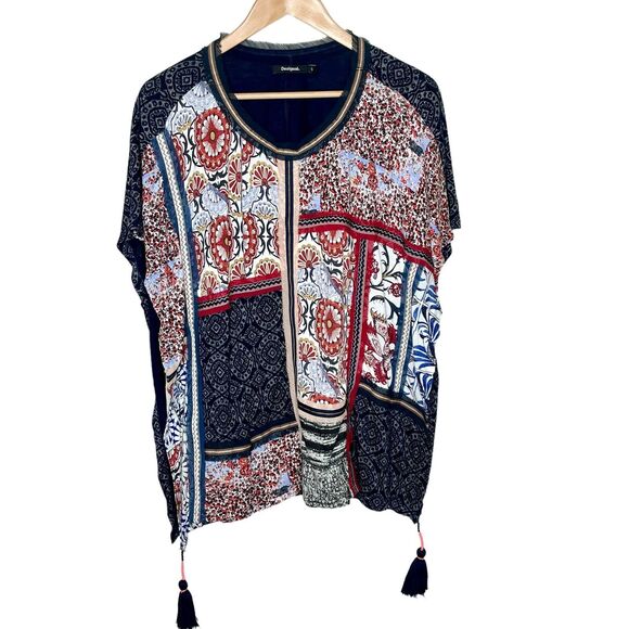 Desigual Patchwork Print Tasseled Sleeveless Top Womens Small Artsy Boho - Picture 1 of 7